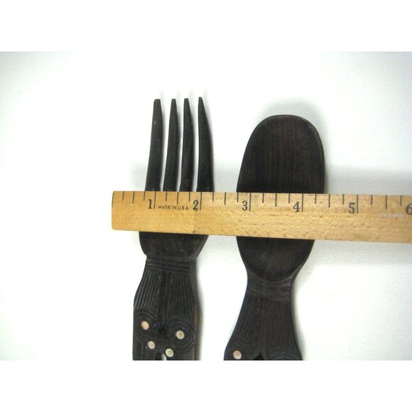Carved Wooden Fork Spoon Salad Serving Set Tribal Home Kitchen Decor Inlay - Picture 12 of 12